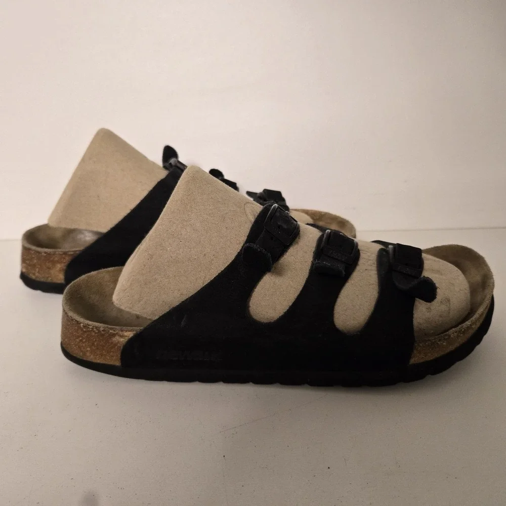 Birkenstocks Newalk Women's Size 7.5 38 Black Leather Suede Triple Strap Sandals - Picture 4 of 9